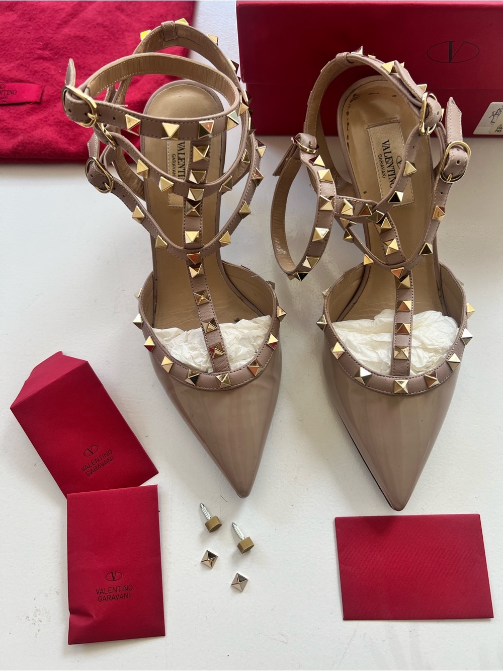 Valentino Nude Patent Leather Rockstud T-Strap Pointed Pumps